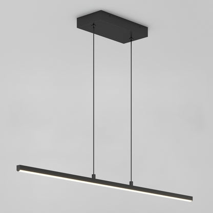 The Delta LED Linear Pendant 36IN is a modern, minimalist black fixture featuring a slim horizontal bar suspended by two thin cables from a rectangular ceiling mount, shown against a plain grey background.