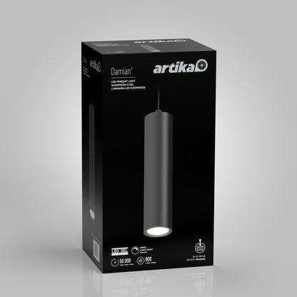 A black box for the Damian LED Cylinder Pendant features an image of the cylindrical fixture, product details, and branding in white text on a gray gradient background.