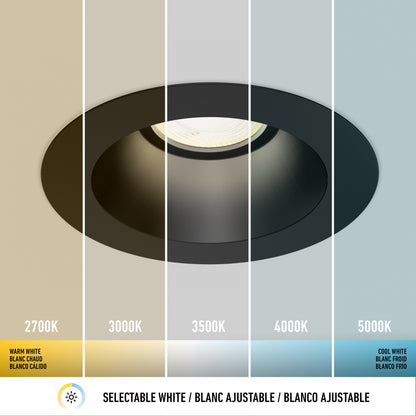The Skyview 4in Regressed Round, 5CCT LED offers five selectable color temperatures (2700K, 3000K, 3500K, 4000K, 5000K), each labeled in English, French, and Spanish for easy adjustment.