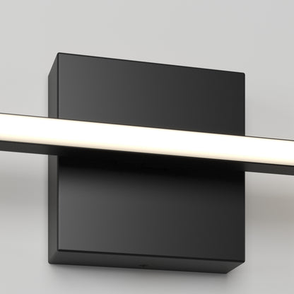 The Delta LED Indoor/Outdoor Wall Light 21'' is a modern black wall-mounted fixture with a rectangular base and a slim horizontal bar that emits soft white light, shown against a plain light-colored wall.