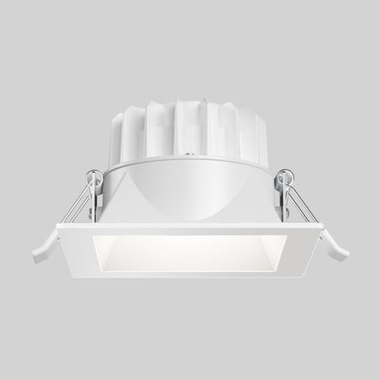 The Skyview 4in Regressed Square, 5CCT LED is a square, recessed pot light with white trim and visible side clips, offering adjustable color temperature for versatile indoor/outdoor ceiling installation, shown against a plain gray background.