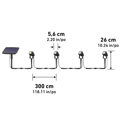 The Verner - Solar Landscape Single CCT LED 4-pack includes four 26 cm (10.24 in) tall spotlights, each 5.6 cm (2.20 in) wide, spaced along a 300 cm (118.11 in) cable with one solar panel at the end.