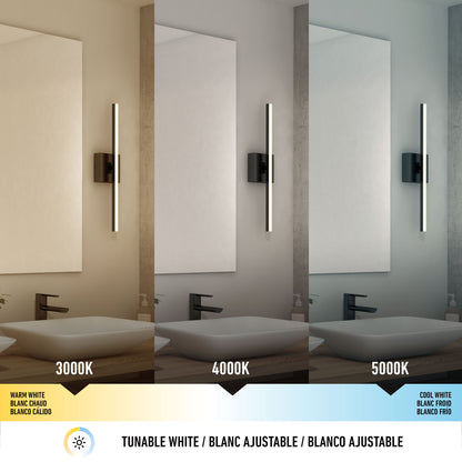 A bathroom with a mirror and sink features the Delta Led Indoor/Outdoor Wall Light 21'', displaying warm white (3000K), neutral white (4000K), and cool white (5000K) to show how different color temperatures affect lighting.
