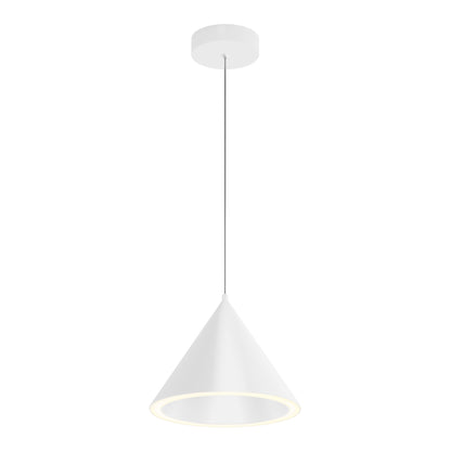 The Denali LED Pendant 3CCT is a modern white light with a conical shade, thin suspension cord, and a circular LED glow illuminating its bottom edge.