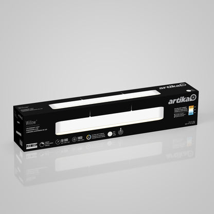 Rectangular black box packaging for the Willow LED Pendant, displaying the product name, key specifications, icons, and a cutout window revealing part of the light.