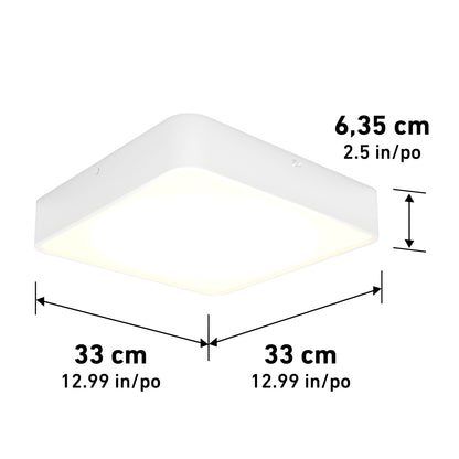 The LYDEL LED Ceiling Light is a square, white fixture measuring 33 cm (12.99 in) wide and long, and 6.35 cm (2.5 in) tall, with a softly illuminated design and dimensions shown with arrows.