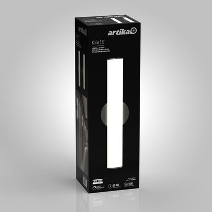 Black rectangular box packaging for the Kalio Indoor LED Wall Sconce 18" 0-10V 120-277V, featuring a modern tubular sconce illuminated on the front with clear product details and Artika branding.