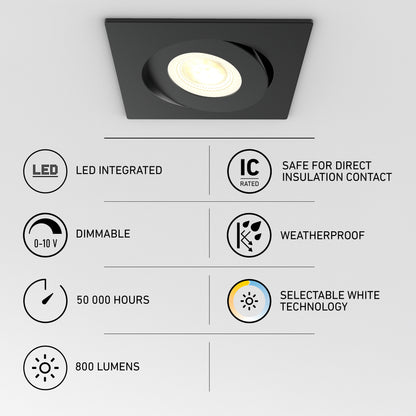 The Skyview 4in Gimbal Square, 5CCT LED is a black recessed light with selectable white, LED integrated, dimmable, 50,000-hour lifespan, 800 lumens output, IC rated and weatherproof features.