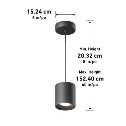 The Beam Pro 8 Integrated LED 2-IN-1 Ceiling Mount Pendant is a black cylindrical light with a round canopy, a 15.24 cm (6 in) wide cylinder, and an adjustable hanging height from 20.32 cm (8 in) to 152.40 cm (60 in).