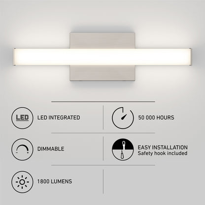 The Mylo LED Vanity Light 16IN is a modern rectangular wall light with an integrated LED bar above a square base. It offers 1800 lumens, dimming, 50,000-hour lifespan, and easy installation with a safety hook.