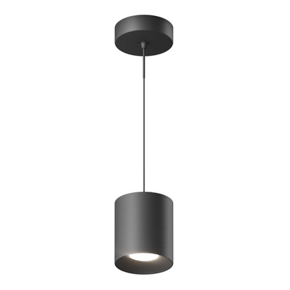 The Beam Pro 8 Integrated LED 2-IN-1 Ceiling Mount Pendant is a modern black cylindrical light that hangs from the ceiling by a slim cord, featuring a round mount and downward illumination.