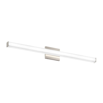 The Mylo LED Vanity Light 36IN is a modern, wall-mounted linear fixture with a brushed nickel rectangular base and a long, slim frosted white light bar extending horizontally.