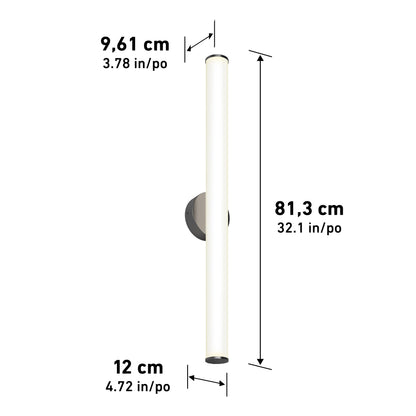 The Kalio Indoor LED Wall Sconce 32" 0-10V 120-277V is a vertical cylindrical wall light with a height of 81.3 cm (32.1 in), width of 9.61 cm (3.78 in), depth of 12 cm (4.72 in), and features a black circular base attached to the wall.