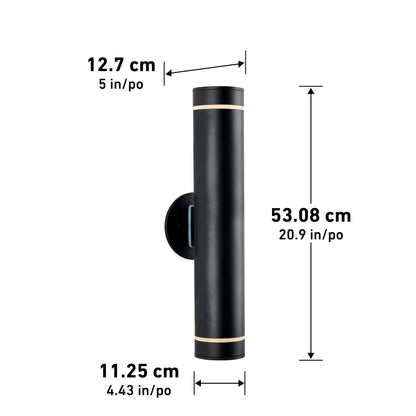 The C7 Pro Outdoor LED Wall Light, shown in black with gold accents, measures 53.08 cm tall, 12.7 cm wide, and extends 11.25 cm from the wall. The light is cylindrical and displayed vertically.