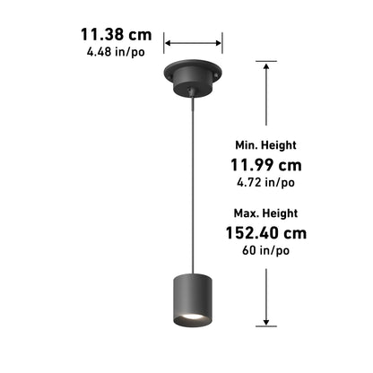 Beam Pro 4 Integrated LED 2-IN-1 Ceiling Mount Pendant: black with cylindrical shade, ceiling mount diameter 11.38 cm (4.48 in), adjustable hanging height from 11.99 cm (4.72 in) to 152.40 cm (60 in); measurements shown by arrows.