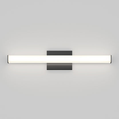 The Mylo LED Vanity Light 24IN is a minimalist, wall-mounted fixture with a glowing horizontal white bar on a dark base, casting soft light on a plain gray wall.