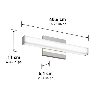 The Mylo LED Vanity Light 16IN is a rectangular wall-mounted fixture measuring 40.6 cm (15.98 in) wide, 11 cm (4.33 in) tall, and 5.1 cm (2.01 in) deep, with black arrows indicating its dimensions.