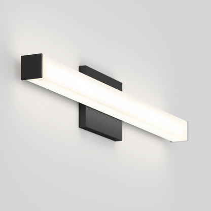 The Mylo LED Vanity Light 24IN features a modern wall-mounted design with a rectangular black base and a sleek, horizontal glowing white light bar, shown against a plain white wall.