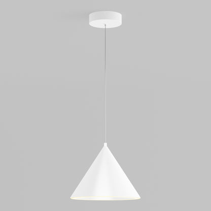 The Denali LED Pendant 3CCT features a modern, minimalist design with a white cone-shaped shade suspended from a slim cord and a round ceiling mount, shown against a light gray background.