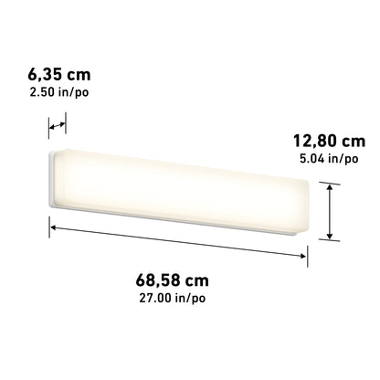 The Aster 27in Energy Star LED Vanity Light is a rectangular, illuminated wall fixture with rounded edges, measuring 6.35 cm deep, 12.80 cm tall, and 68.58 cm wide.