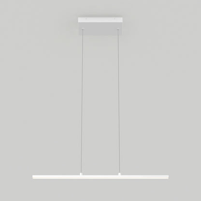 The Delta LED Linear Pendant 36IN features a minimalist white design, suspended from the ceiling by two thin cables, set against a plain light gray background.