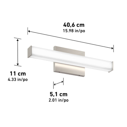 The Mylo LED Vanity Light 16IN is a rectangular, wall-mounted fixture (40.6 cm W x 11 cm H x 5.1 cm D) shown in a brushed nickel finish.
