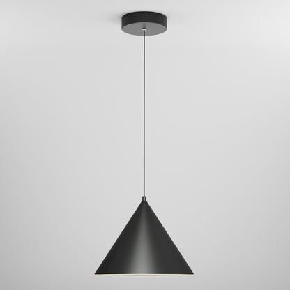 The Denali LED Pendant 3CCT is a modern black fixture featuring a cone-shaped shade suspended from the ceiling by a slim cord, shown here against a plain white background.