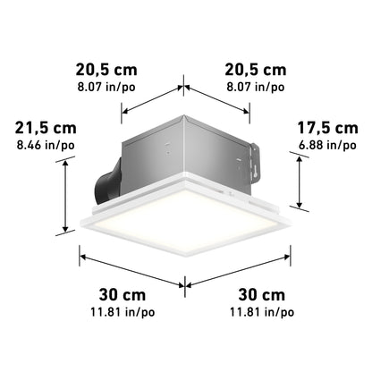 The 5 CCT Skylight Breeze Integrated LED Bathroom Fan features a metal housing above and a bright illuminated panel below; dimensions: 30 cm (11.8 in) wide, 21.5 cm (8.5 in) high, and 20.5 cm (8.1 in) deep, with both units shown.
