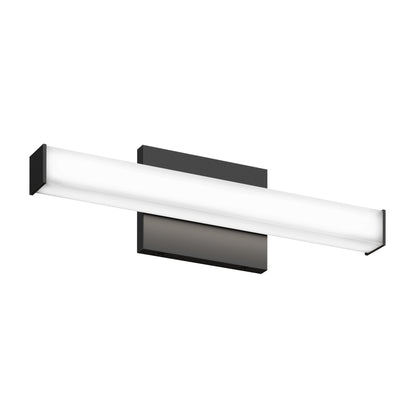 The Mylo LED Vanity Light 16IN features a modern wall-mounted design with a rectangular black base and a horizontal frosted white light bar across the front.