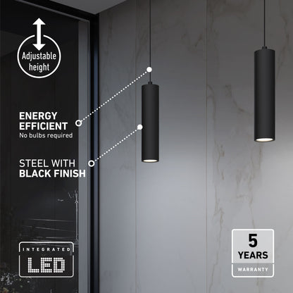 Two Damian LED Cylinder Pendants hang in a modern room with marble walls. They feature adjustable height, energy efficiency, black-finished steel, integrated LED lighting, and come with a 5-year warranty.