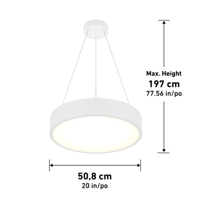 Concerto LED Pendant in white features a circular design with three suspension wires, 50.8 cm (20 in) diameter, and max height of 197 cm (77.56 in), shown against a plain background.