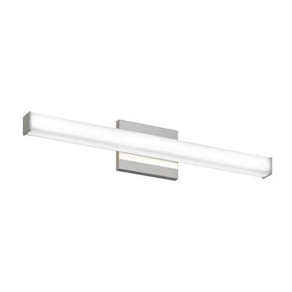 The Mylo LED Vanity Light 24IN is a modern, rectangular wall-mounted fixture with a brushed metal base and a long frosted white diffuser, designed for horizontal installation.