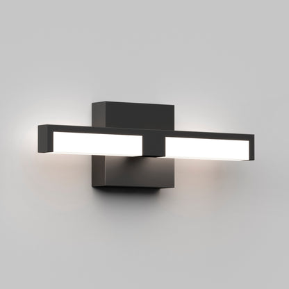 The Tivoli 14'' LED Vanity Light features a modern wall-mounted design with a rectangular black base and two horizontal white LED bars, emitting bright light, shown on a plain gray wall.