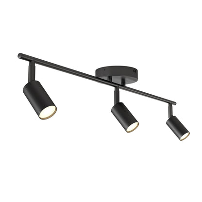 The 32" Rowen 3L tracklight is a modern black fixture with three adjustable cylindrical spotlights on a straight bar and round base, all illuminated.