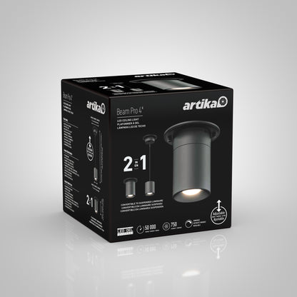 A black box packaging for the Beam Pro 4 Integrated LED 2-IN-1 Ceiling Mount Pendant, featuring product images, its dual functionality, key features, and specifications in white text on the front.