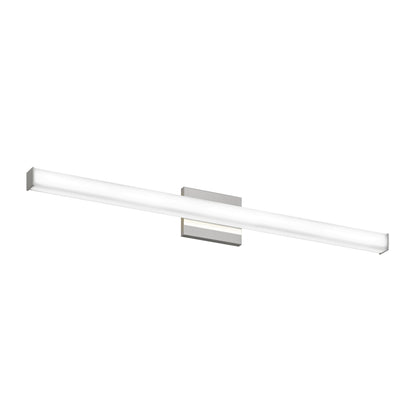 The Mylo LED Vanity Light 36IN features a modern, rectangular design with a slim horizontal white bar and a central silver mounting plate.