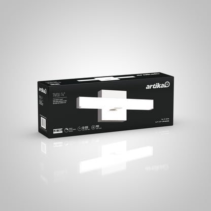 A rectangular black Artika box displays a modern horizontal white wall light, the Tivoli 14'' LED Vanity Light, with product details printed on the packaging.
