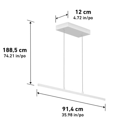 Diagram of the Delta LED Linear Pendant 36IN: rectangular ceiling fixture with a 12 cm (4.72 in) wide canopy, 188.5 cm (74.21 in) hanging length, and a 91.4 cm (35.98 in) wide light bar.