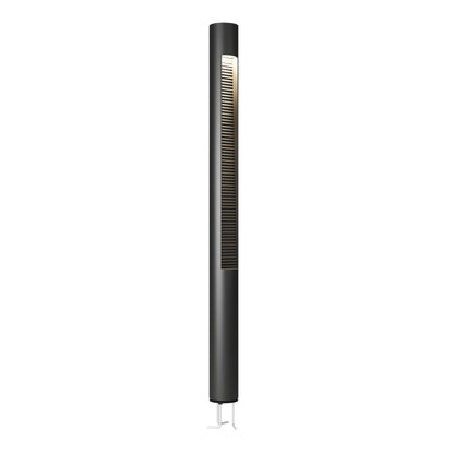 The Dark Sky Pro LED Outdoor Pathway Light Stick is a tall, slim black cylinder with a vertical panel of horizontal slats near the top, designed for outdoor use and emits a soft white light.