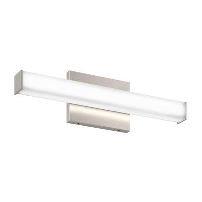 The Mylo LED Vanity Light 16IN is a modern wall-mounted fixture with a rectangular frosted white shade and brushed nickel base, designed for horizontal installation.