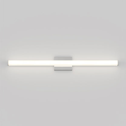 The Mylo LED Vanity Light 36IN is a modern, horizontal wall-mounted fixture with a sleek, minimalist design, casting a warm glow against a plain light gray wall.
