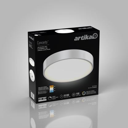 A black box for the Concerto LED Flush Mount displays an image of the round white light, features, and specs on the front, set against a smooth gray gradient background.