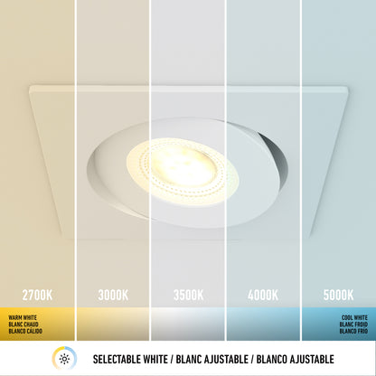 The Skyview 4in Gimbal Square, 5CCT LED ceiling light offers adjustable LED lighting with five selectable white color temperatures from warm 2700K to cool 5000K, each clearly labeled for customizable illumination.