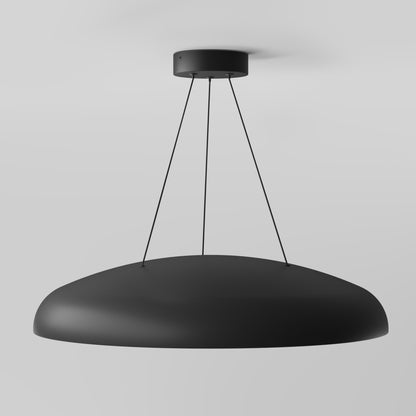 The Flint LED Pendant, a modern black fixture, hangs from the ceiling by three slim cords and features a wide, shallow dome-shaped shade set against a plain white background.