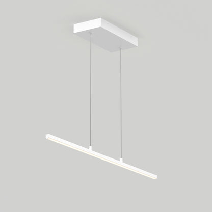The Delta LED Linear Pendant 36IN features a modern, minimalist design with a white rectangular base, two slim suspension wires, and a sleek horizontal LED light bar, shown against a plain light grey background.