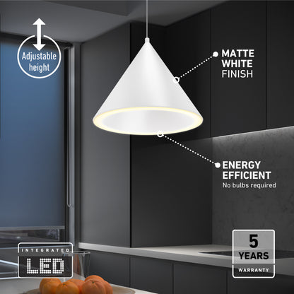 A modern kitchen features the Denali LED Pendant 3CCT, a cone-shaped matte white light with adjustable height, energy-efficient integrated LED (no bulbs needed), and a 5-year warranty. A bowl of oranges sits on the counter.