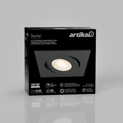 Box of Skyview 4in Gimbal Square, 5CCT LED ultra-thin recessed light with adjustable LED in black frame. Features 50,000-hour lifespan, 800 lumens, selectable color temperatures, and JA8-2022 compliant performance.