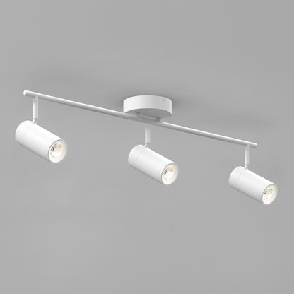 The Alpha LED Track 3-Light is a modern white ceiling fixture with three adjustable cylindrical spotlights on a straight bar and round base, shown against a plain gray background.