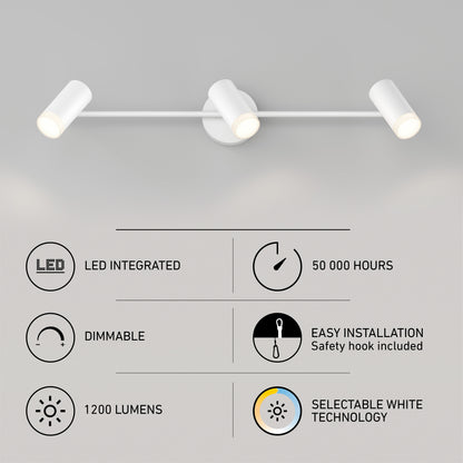 The 32" Blake 3L tracklight, a modern white fixture for task lighting, features integrated LED, 50,000-hour life, is dimmable, easy to install, delivers 1200 lumens, and offers selectable white temperature.