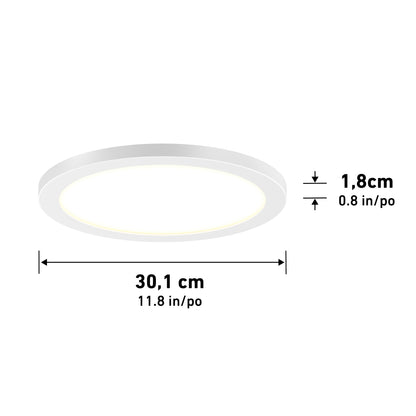 The 12" LED Skylight with 3 colour trim rings is a round, white ceiling light fixture measuring 30.1 cm (11.8 in) in diameter and 1.8 cm (0.8 in) in height.